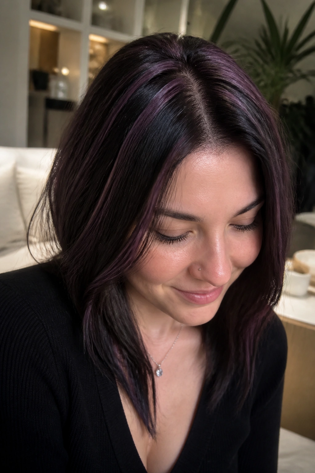 Portrait of a person with amethyst babylights around the crown