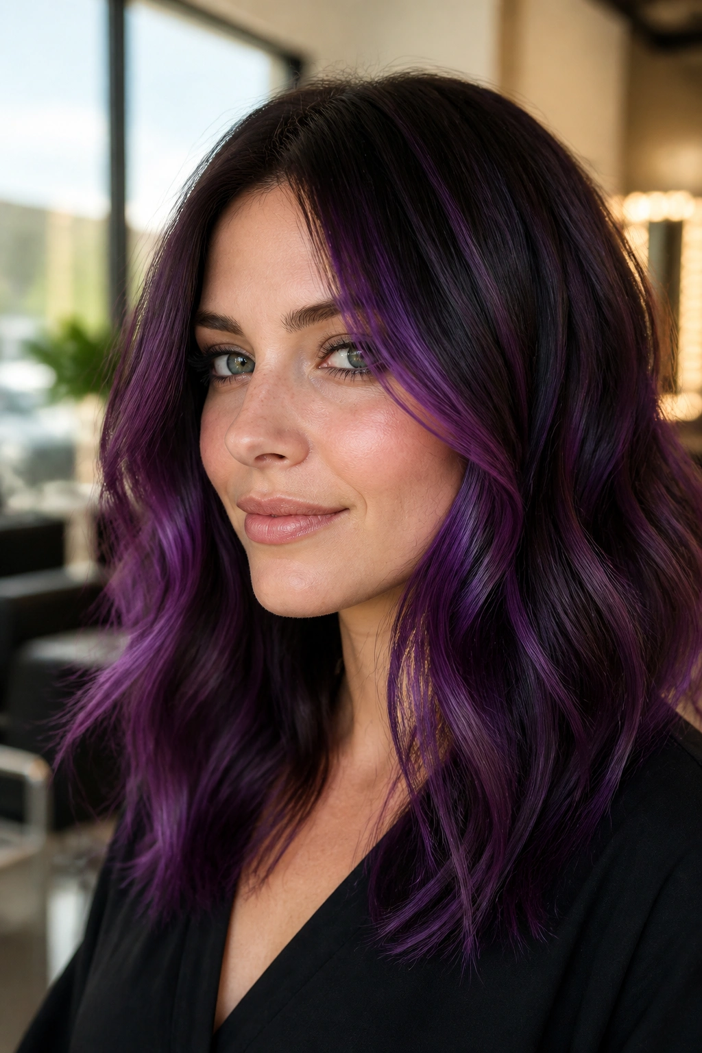 Close-up of brunette with amethyst balayage ribbons on mid-lengths