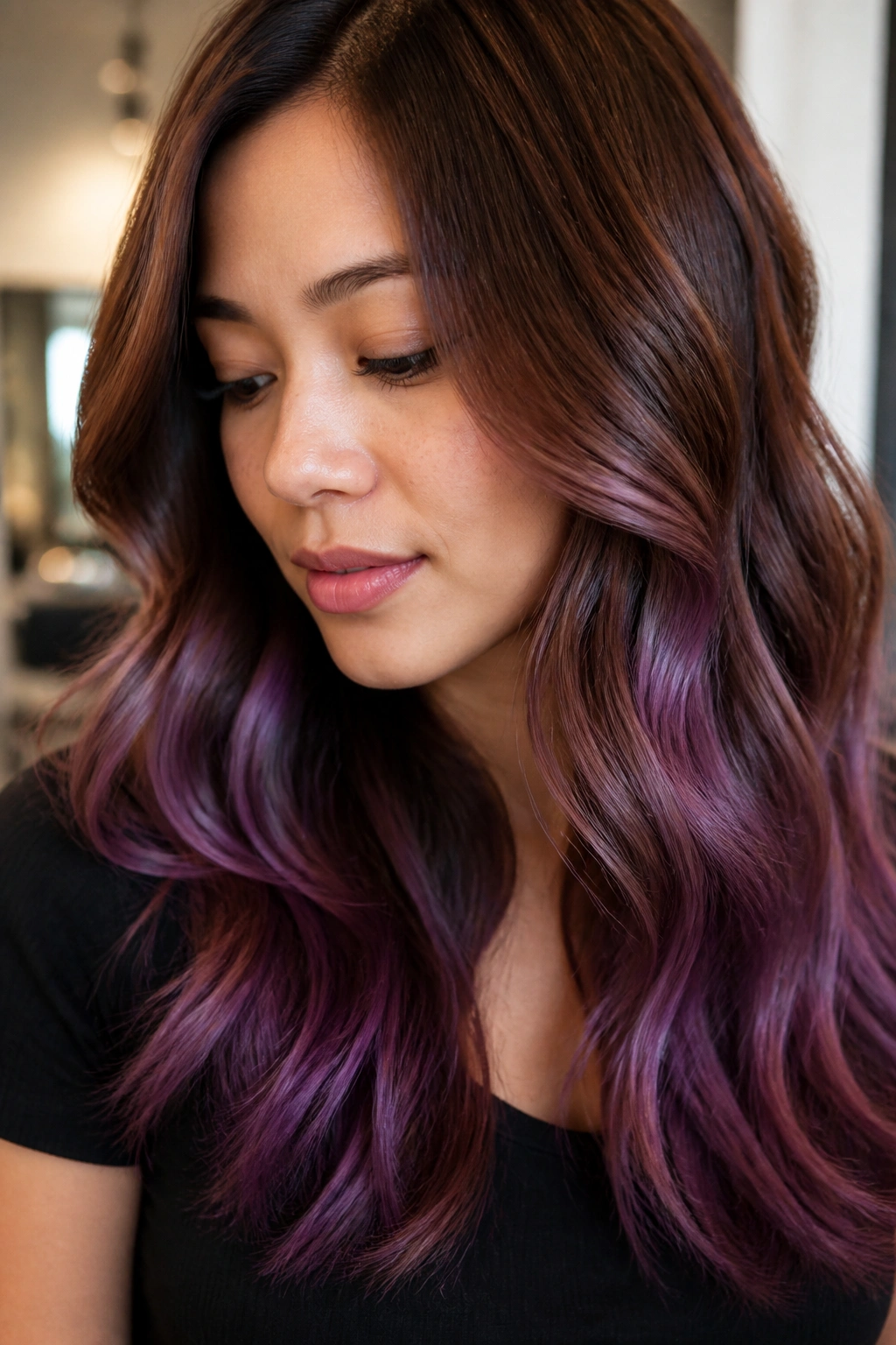Portrait of a real person showing amethyst balayage through chestnut hair