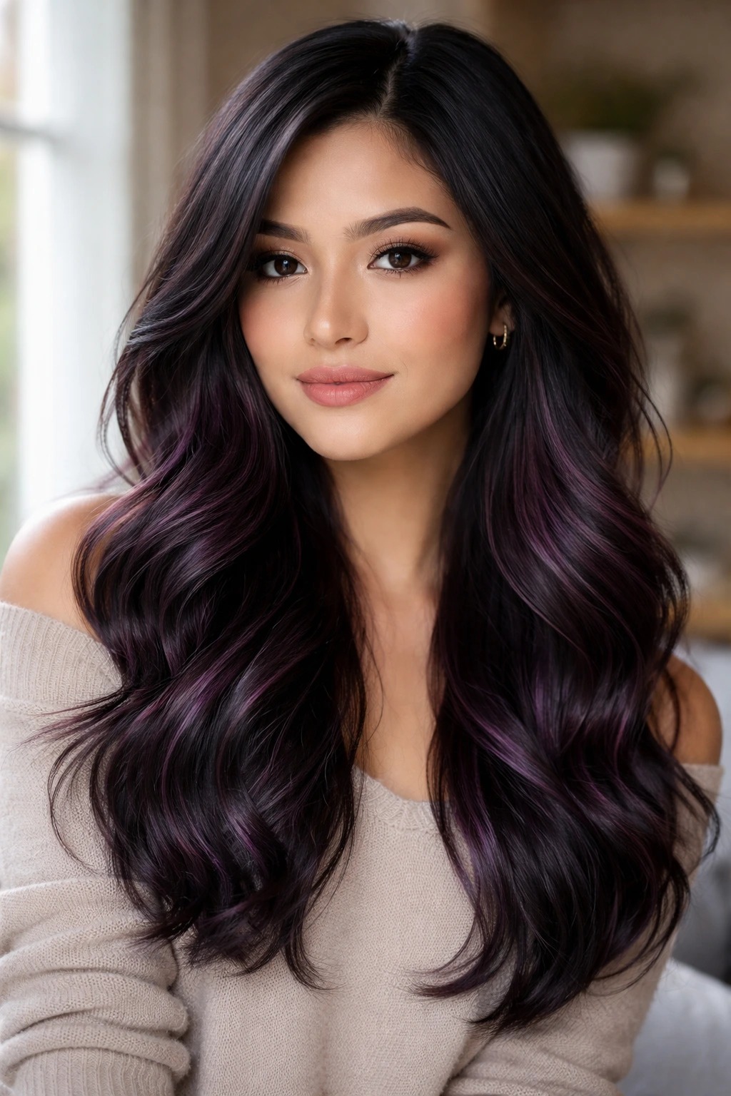 Close-up of a real woman with amethyst balayage on dark hair