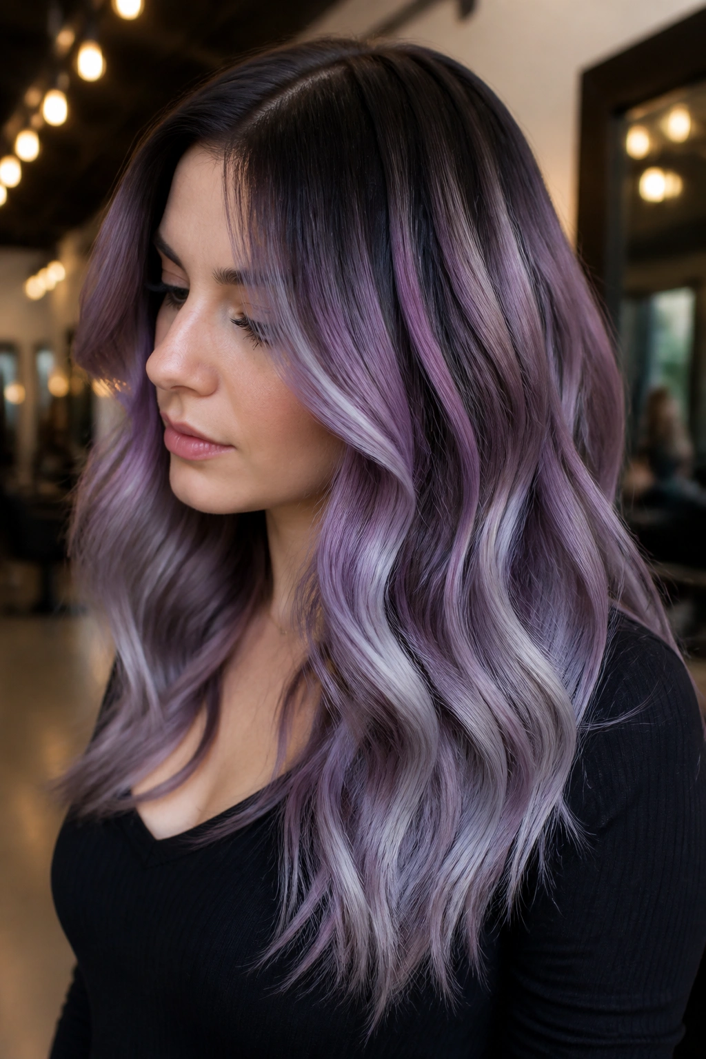 Close-up portrait of amethyst balayage on dark roots with ribbons through mid-lengths and silver ends