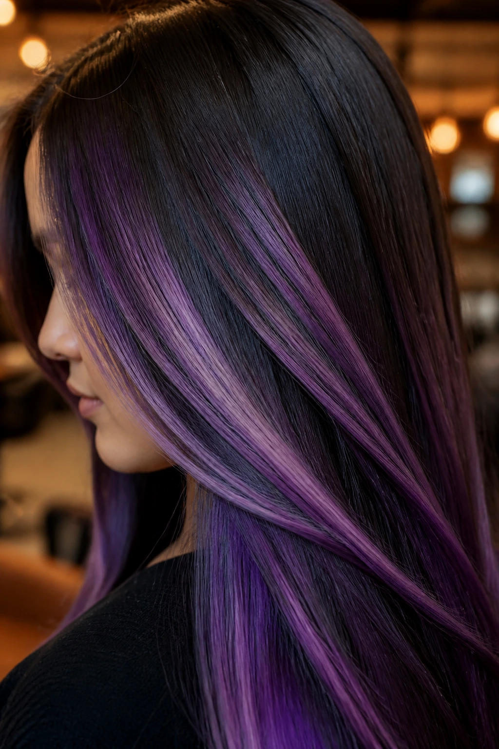 Espresso hair with amethyst balayage in diagonal ribbons on a real person