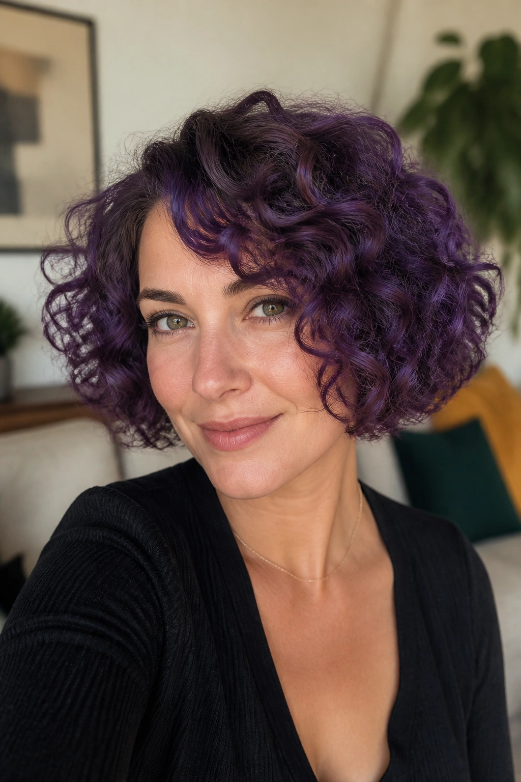 Close-up portrait of a real woman with a curly amethyst bob hairstyle in natural window light.