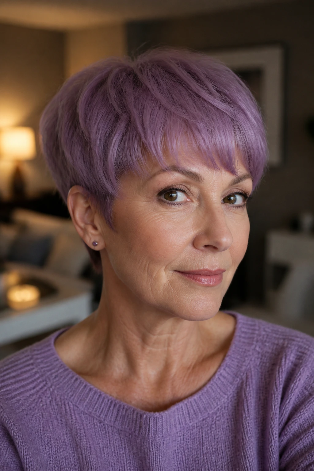 Real person wearing an amethyst bowl-pixie hybrid hairstyle