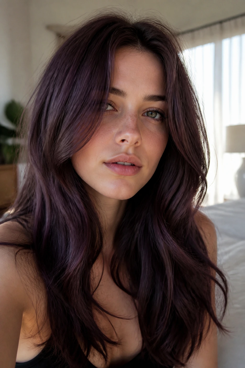 Close-up portrait of a real person with Amethyst Brown purple-toned hair