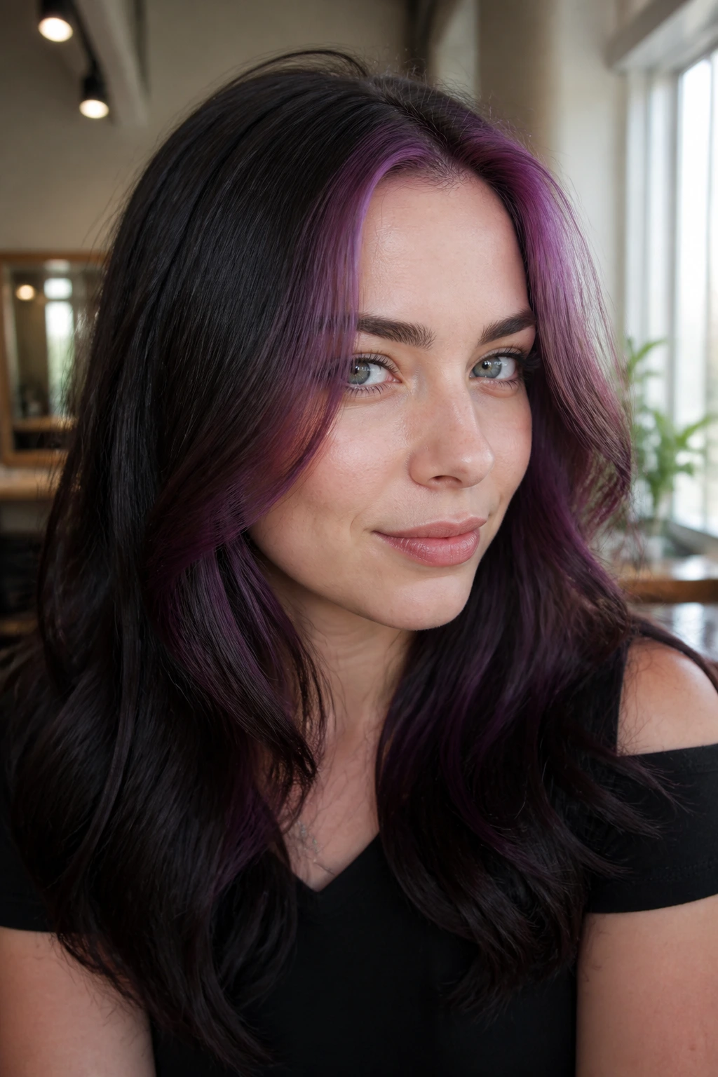 Close-up of a real woman with an amethyst burgundy money piece framing the face