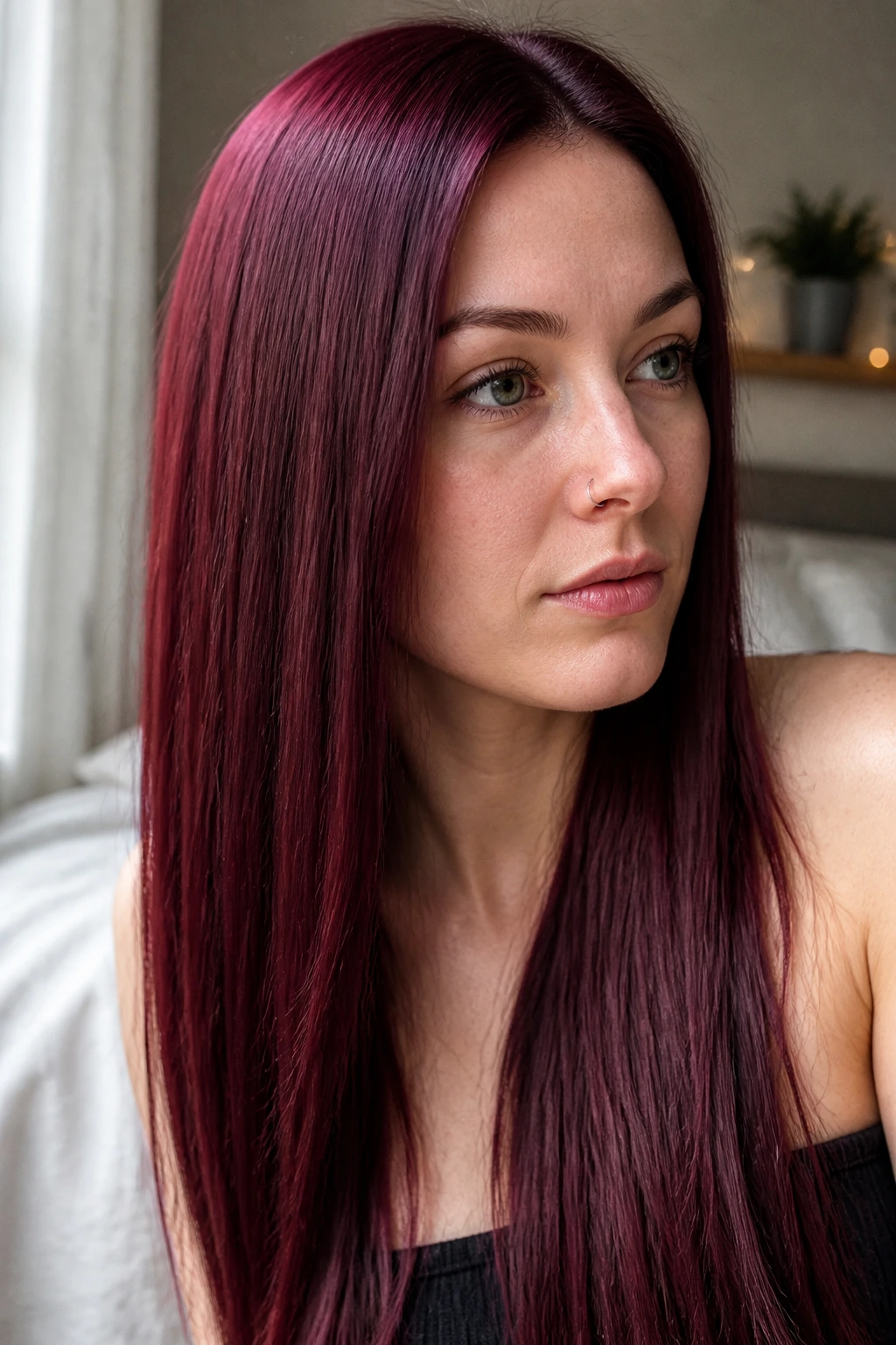 Close-up of a real woman with amethyst burgundy straight hair