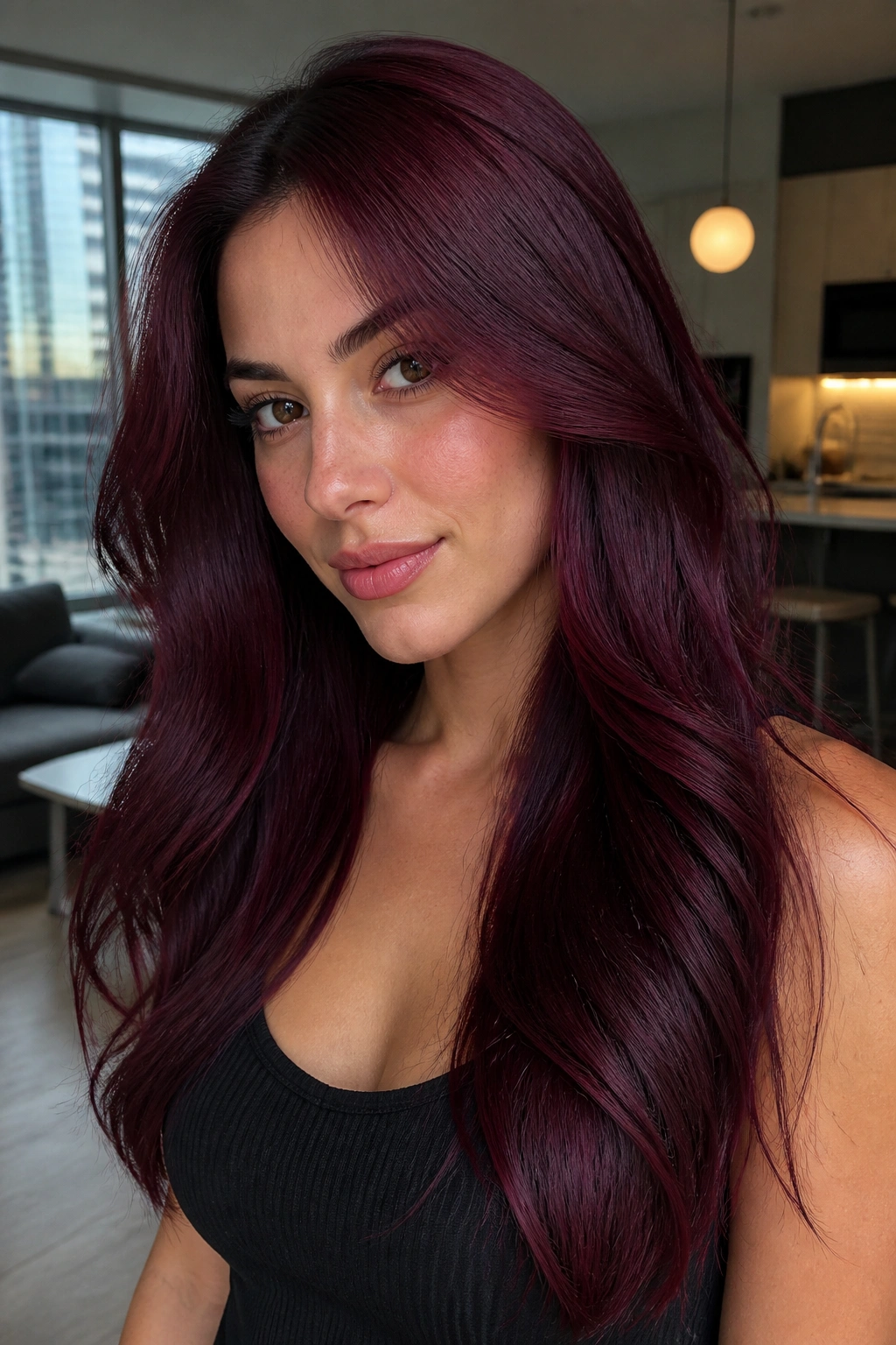 Close-up portrait of a real person with amethyst cherry hair showing purple-leaning jewel tones