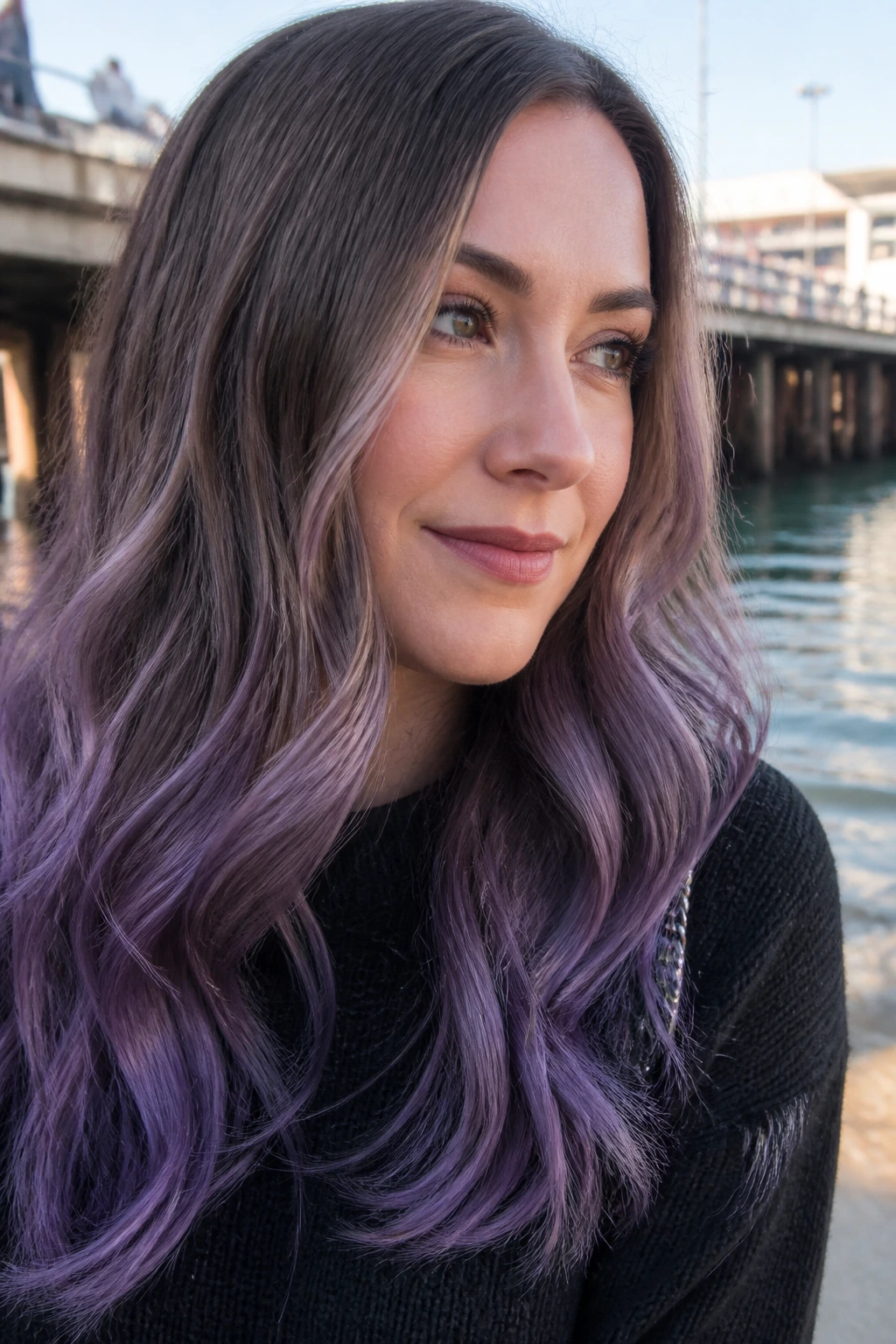 Portrait of a person with deep amethyst dip-dye ends