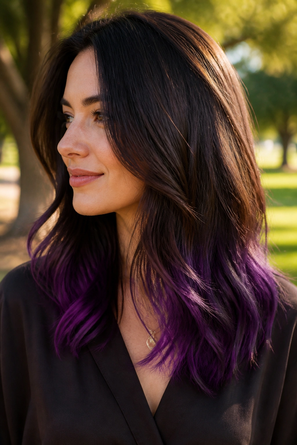 Close-up of brown hair with deep amethyst ends on a real person under soft outdoor light