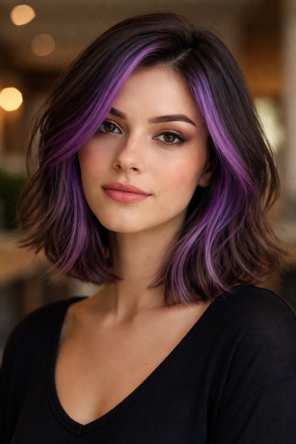 Close-up portrait of a real woman with amethyst face-frame hair on an ash brown base