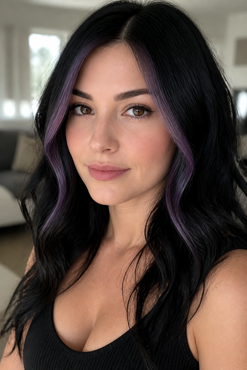 Real woman with ink black hair and amethyst face-framing pieces.