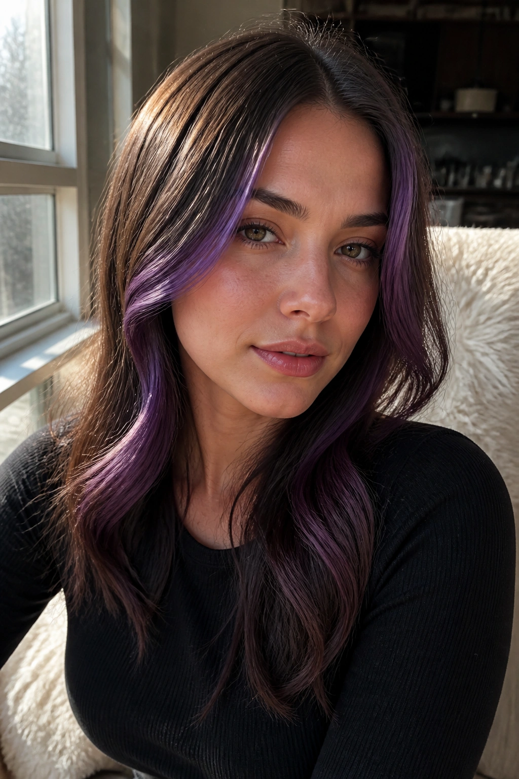 Close-up of amethyst face-framing pieces on brown hair around the cheeks
