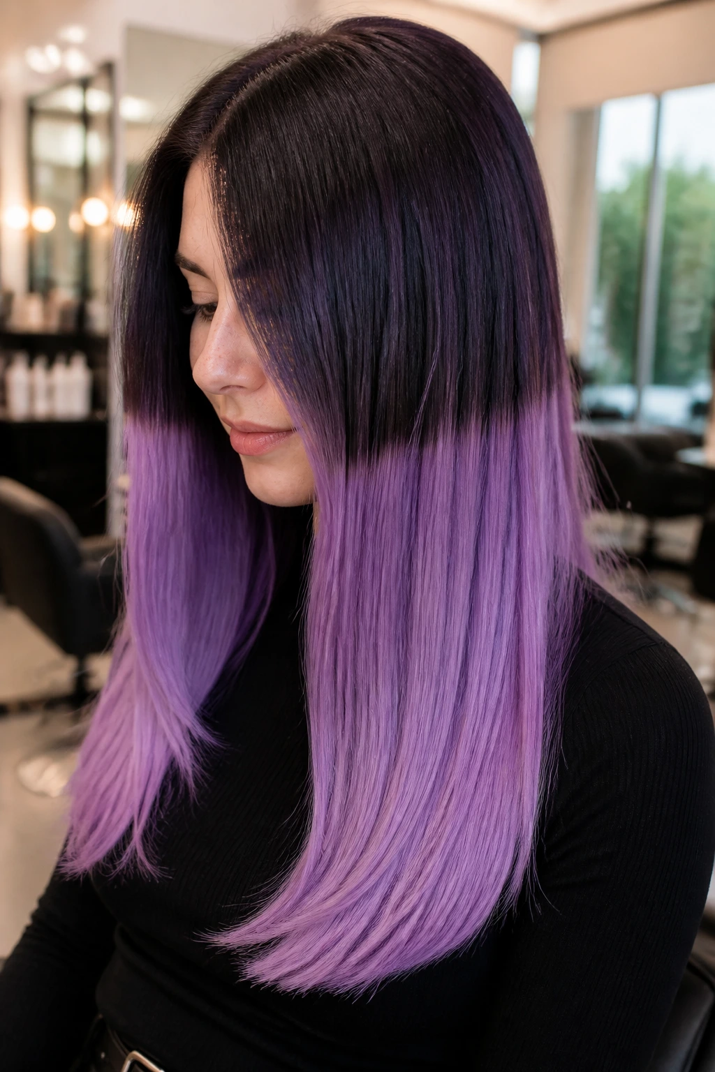 Close-up portrait of a real woman with amethyst half-and-half fade hair in a salon setting