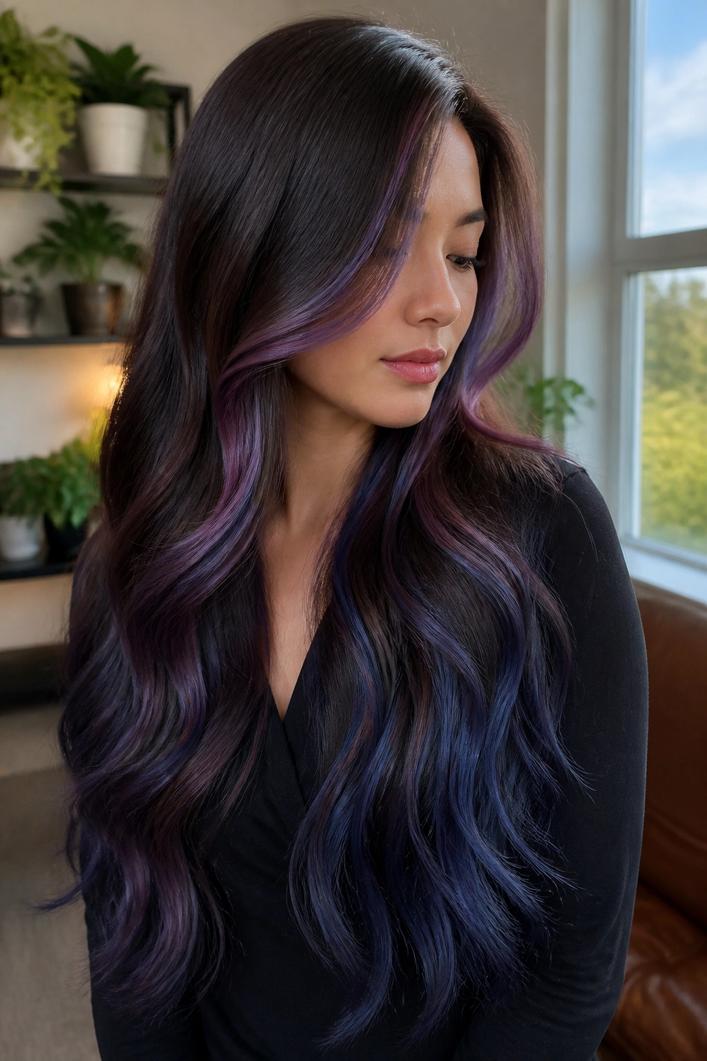 Long brunette hair with amethyst foilayage ribbons