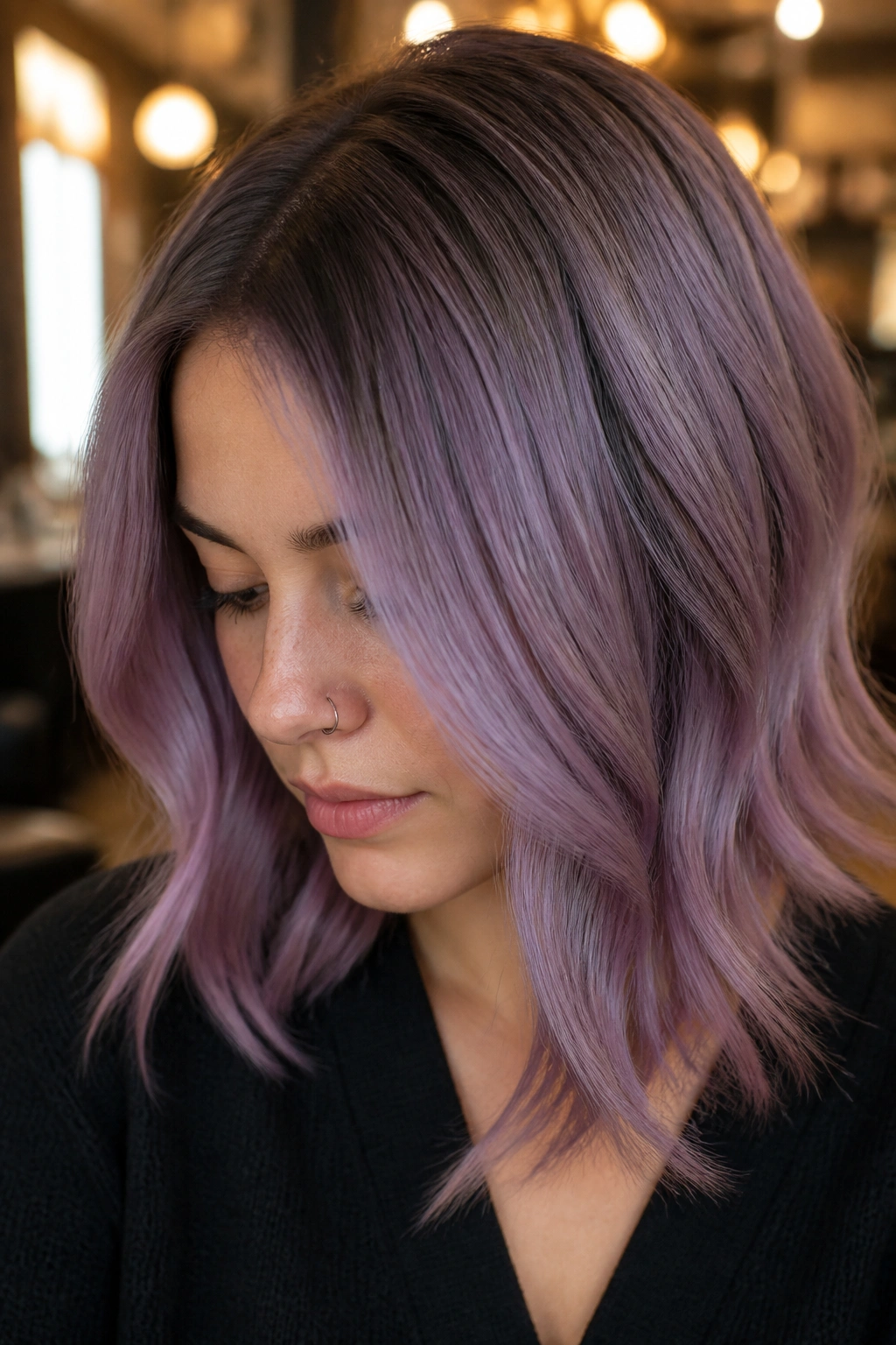 Close-up portrait of a person with soft amethyst root shadow hair on medium-length locks.