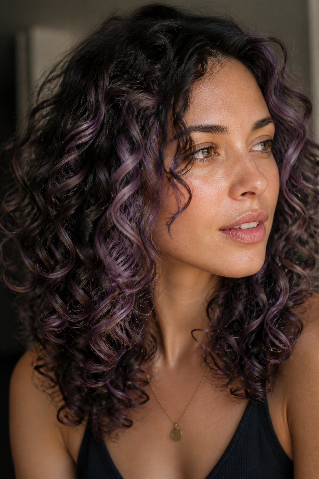 Curly brown hair with amethyst highlights following curl pattern
