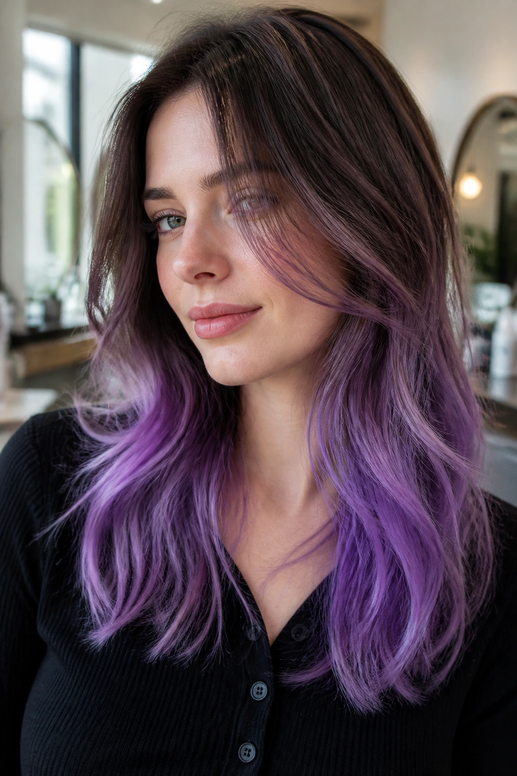 Close-up portrait of a real woman with amethyst lilac dip-dye at the ends and darker tips