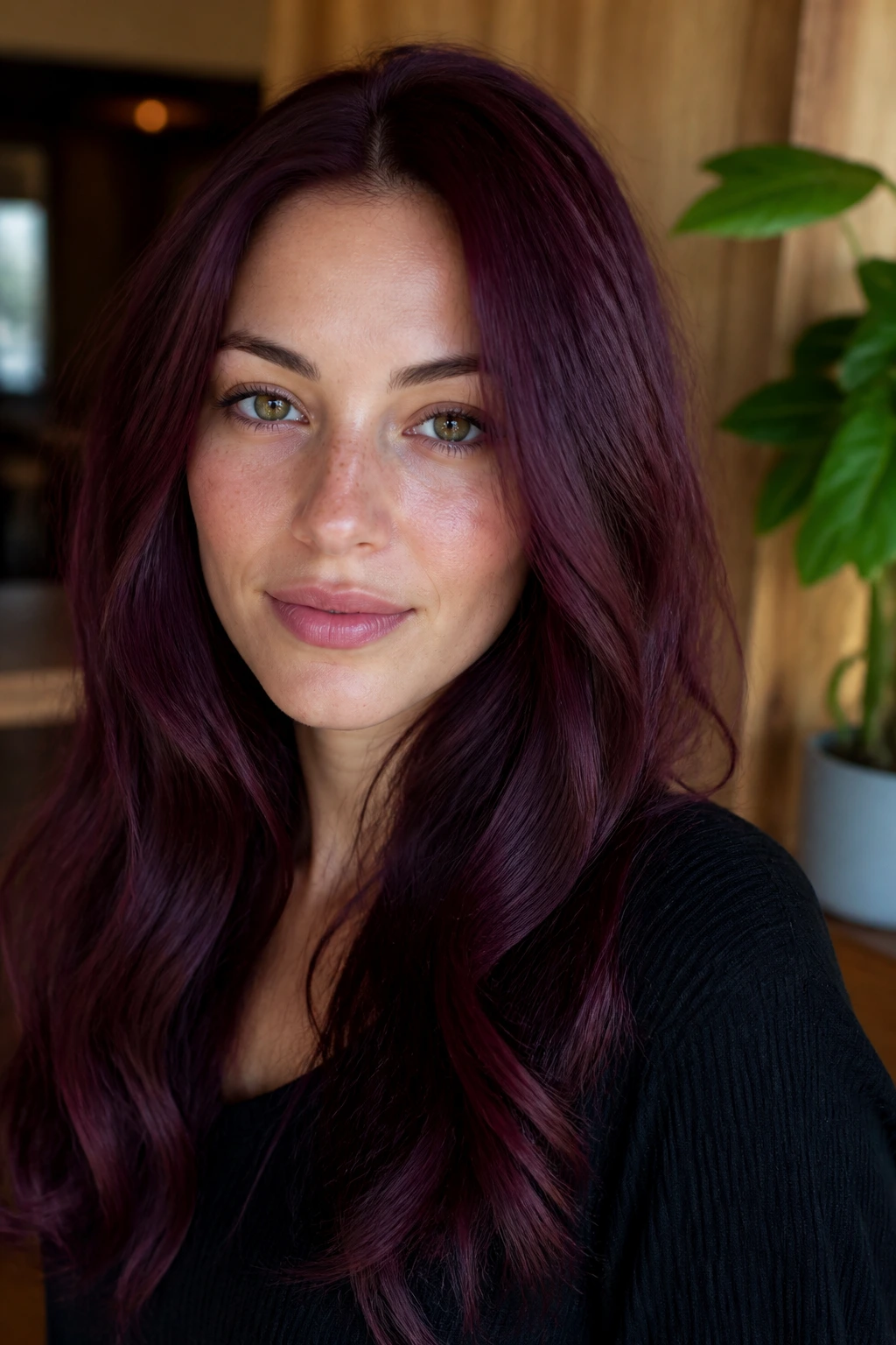 Close-up of real woman in amethyst mahogany burgundy shade