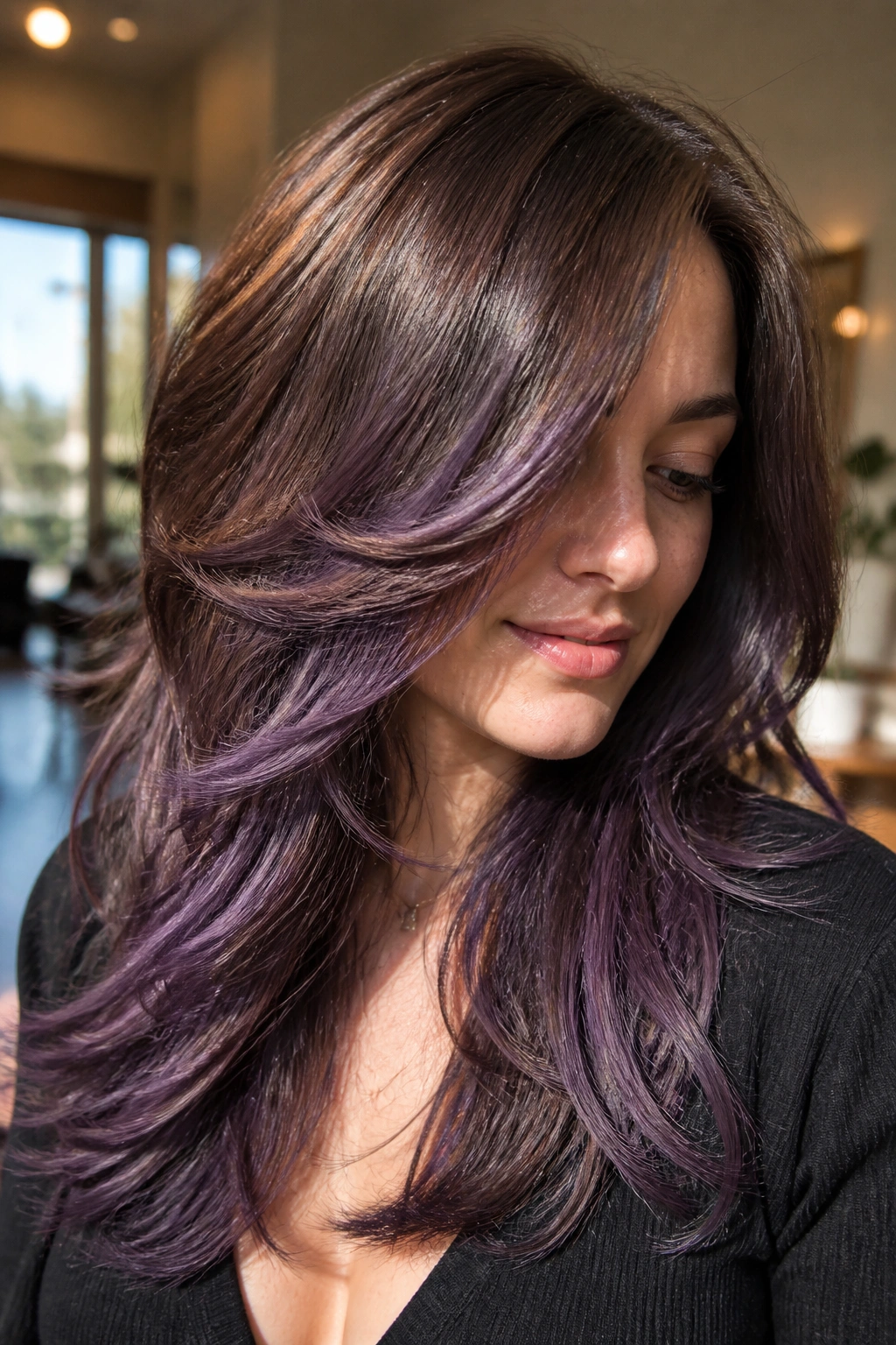 Close-up of amethyst melt on chestnut brown hair with soft gradient