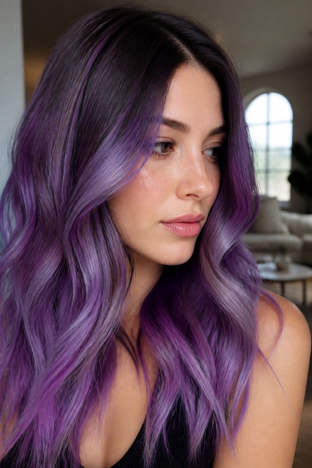 Close-up of a real woman with Amethyst Melt gradient from dark root to violet ends, glossy