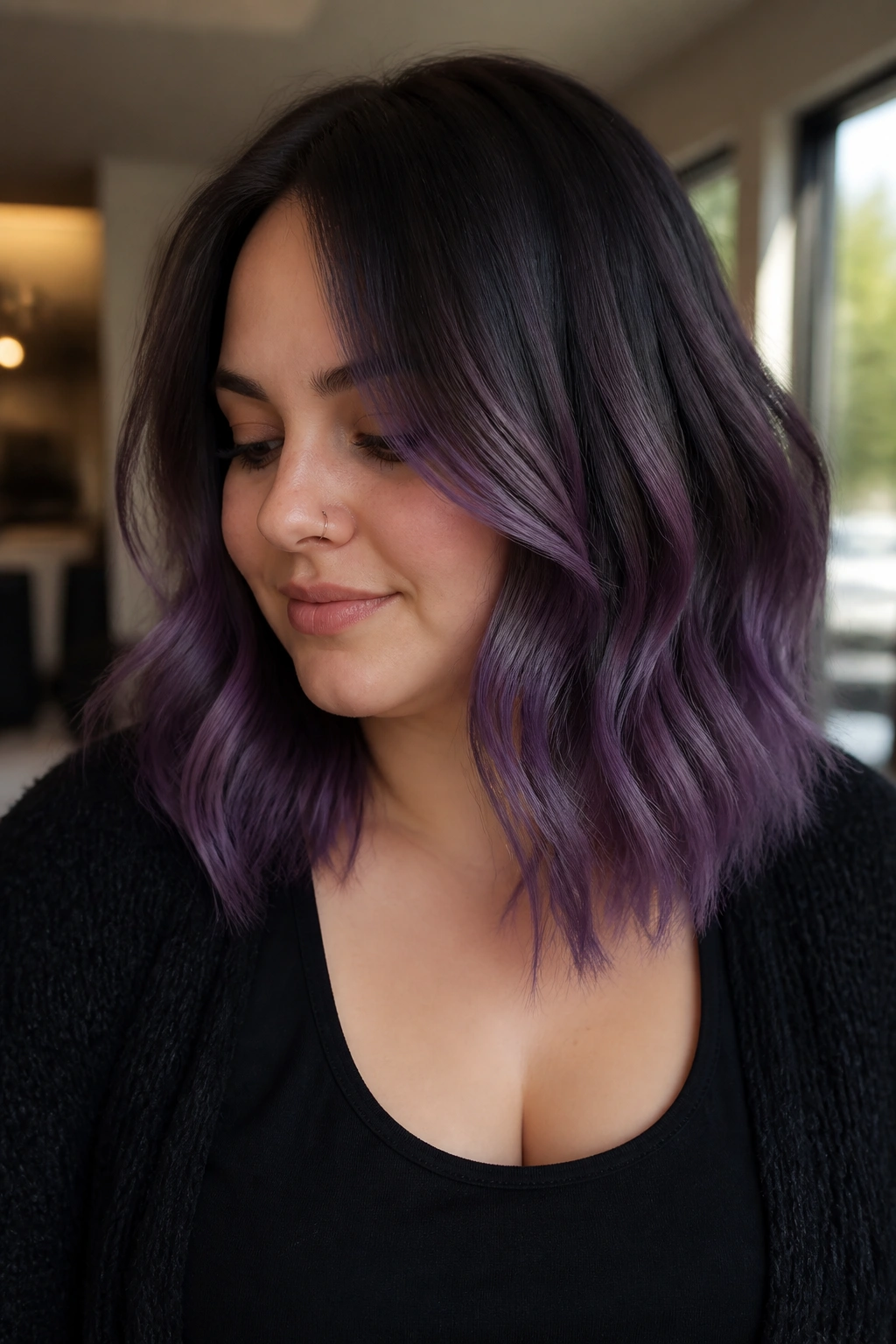 Portrait of a real woman with smoky amethyst melt on shoulder-length hair