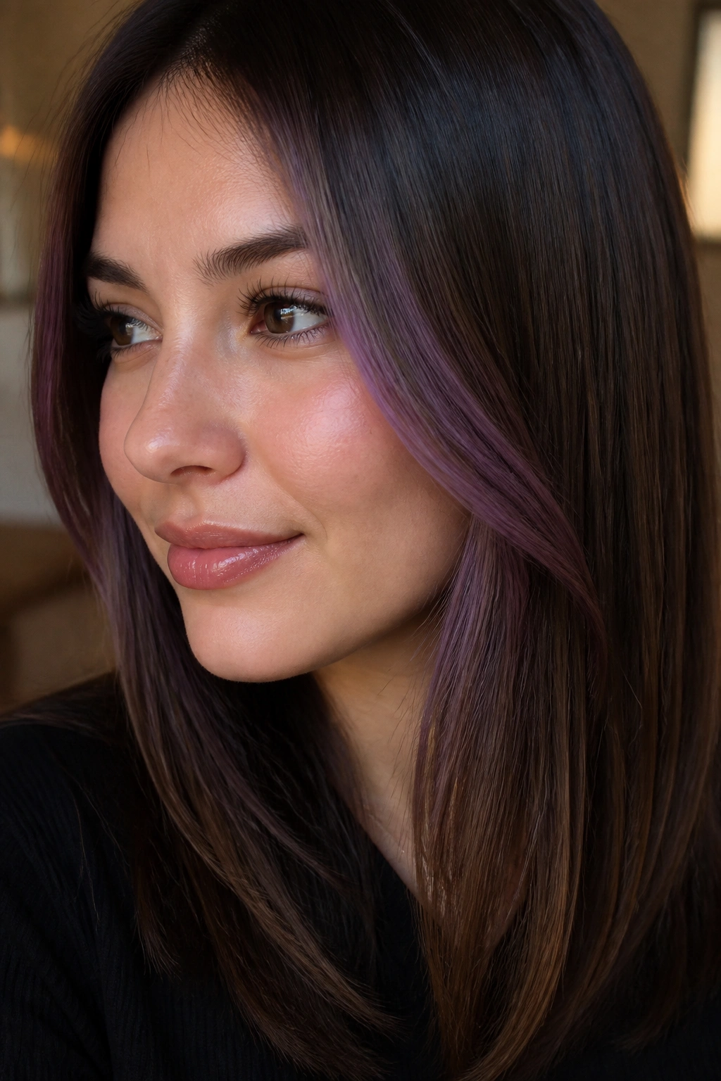 Real woman with amethyst money piece just below the cheekbone.