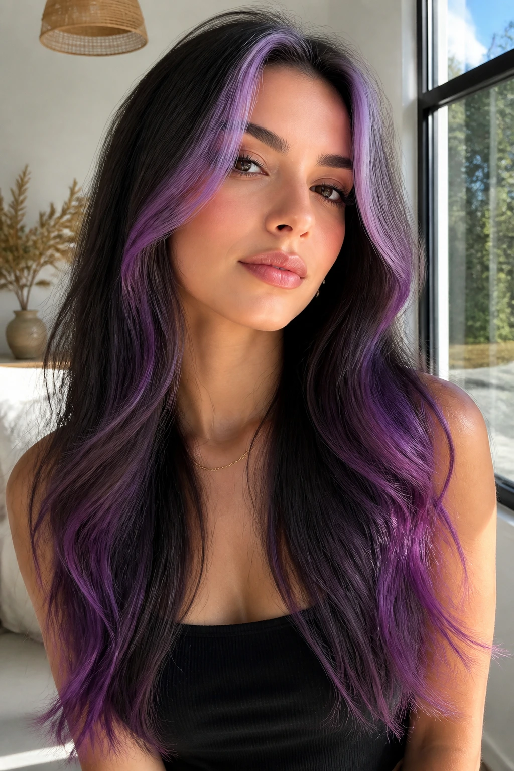 Close-up of a real woman with amethyst face-framing pieces and purple ends