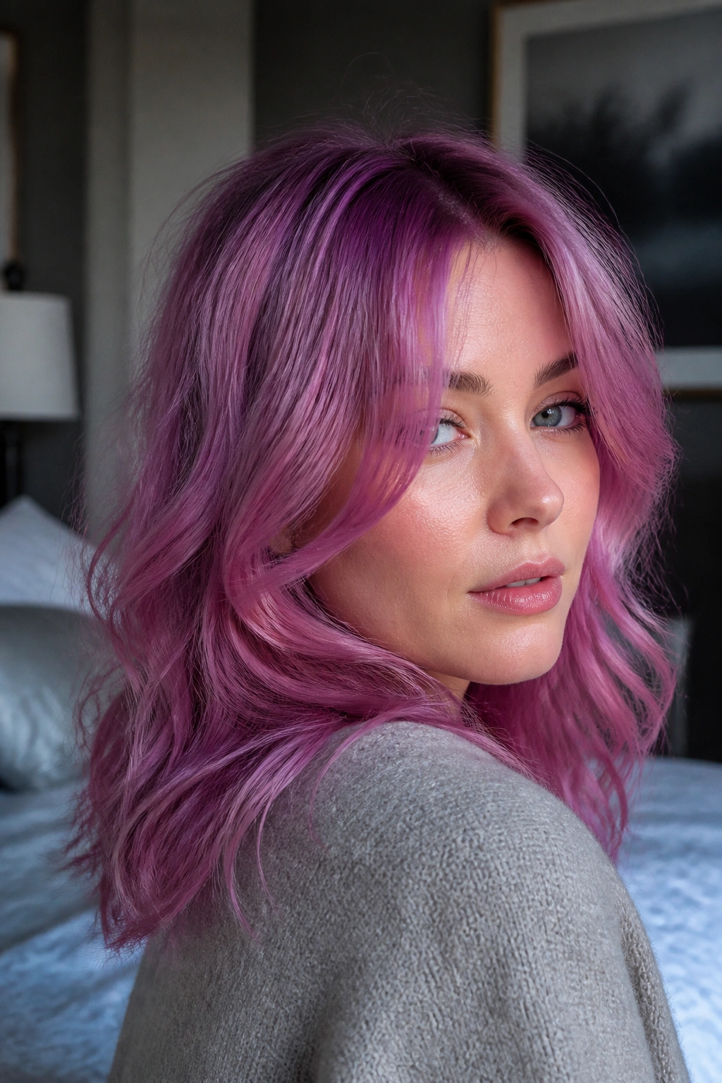 Close-up portrait of a real woman with Amethyst Pink hair in soft window light