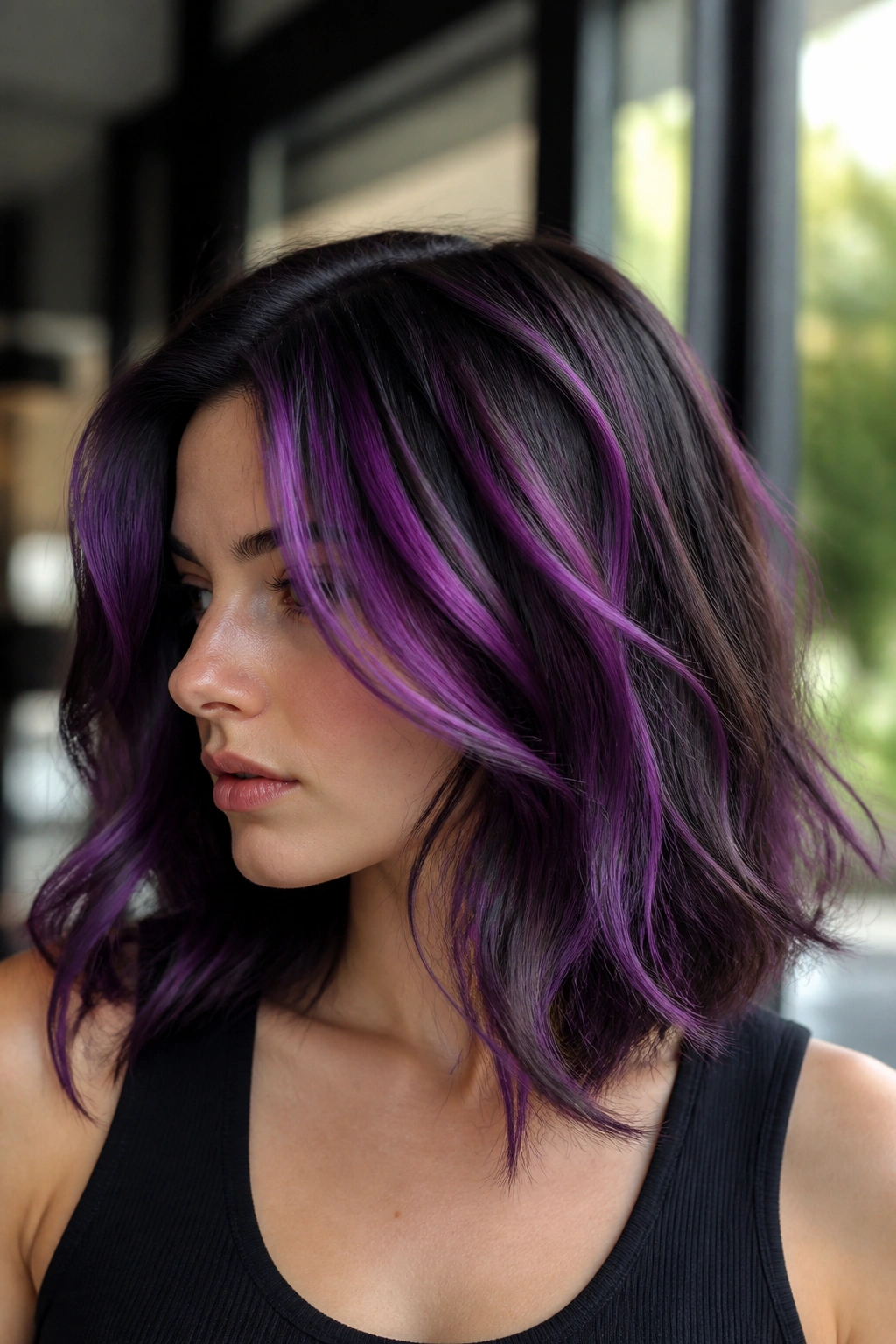 Close-up of a real woman with amethyst ribbon highlights weaving through hair.