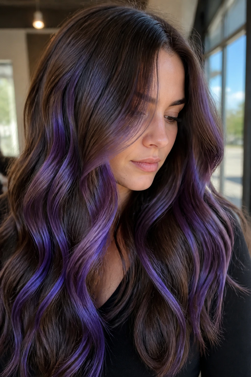 Close-up of a real woman's thick brown hair with glossy amethyst ribbons woven through midlengths and outer layers