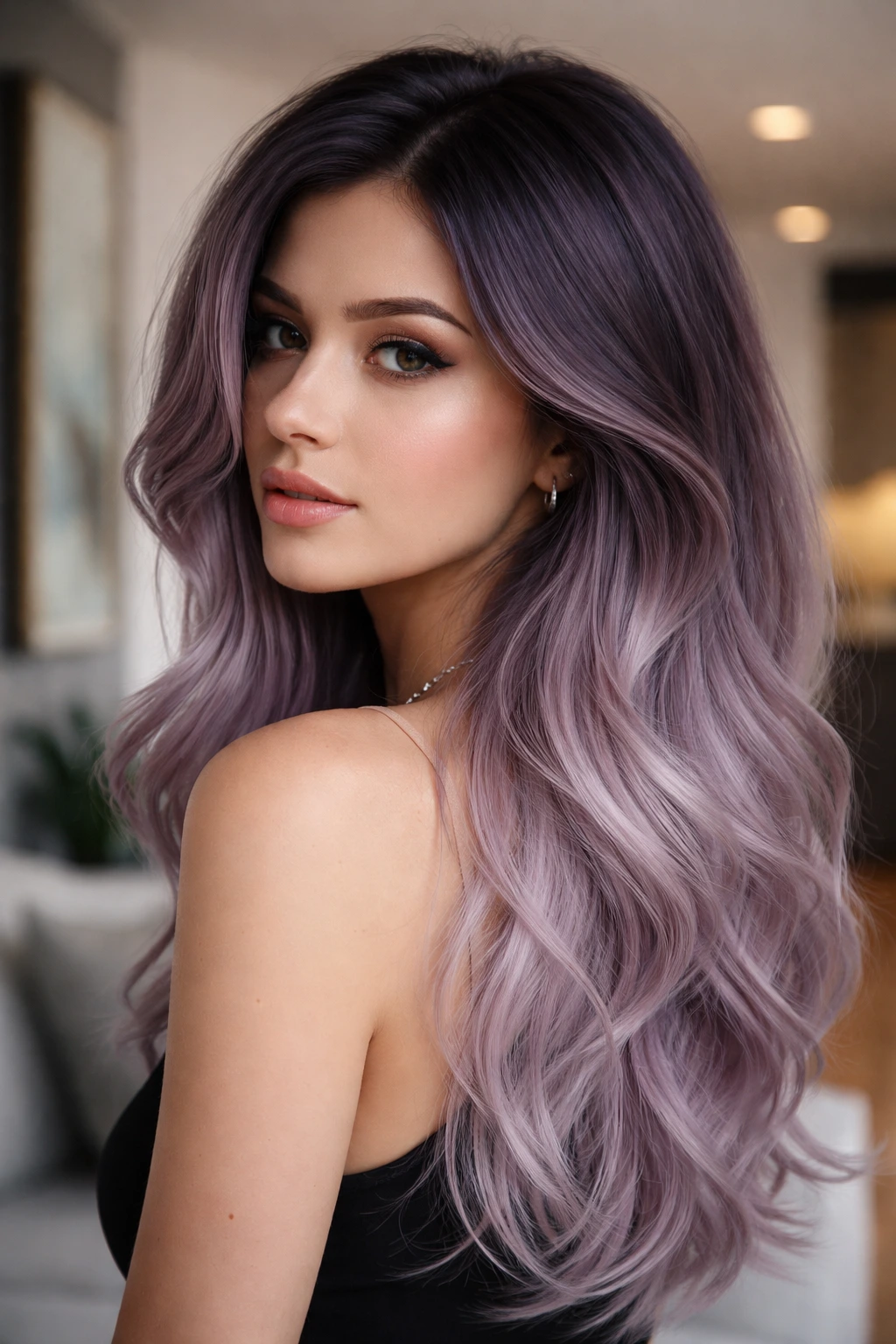 Close-up of smoky amethyst roots fading to lavender on a real person