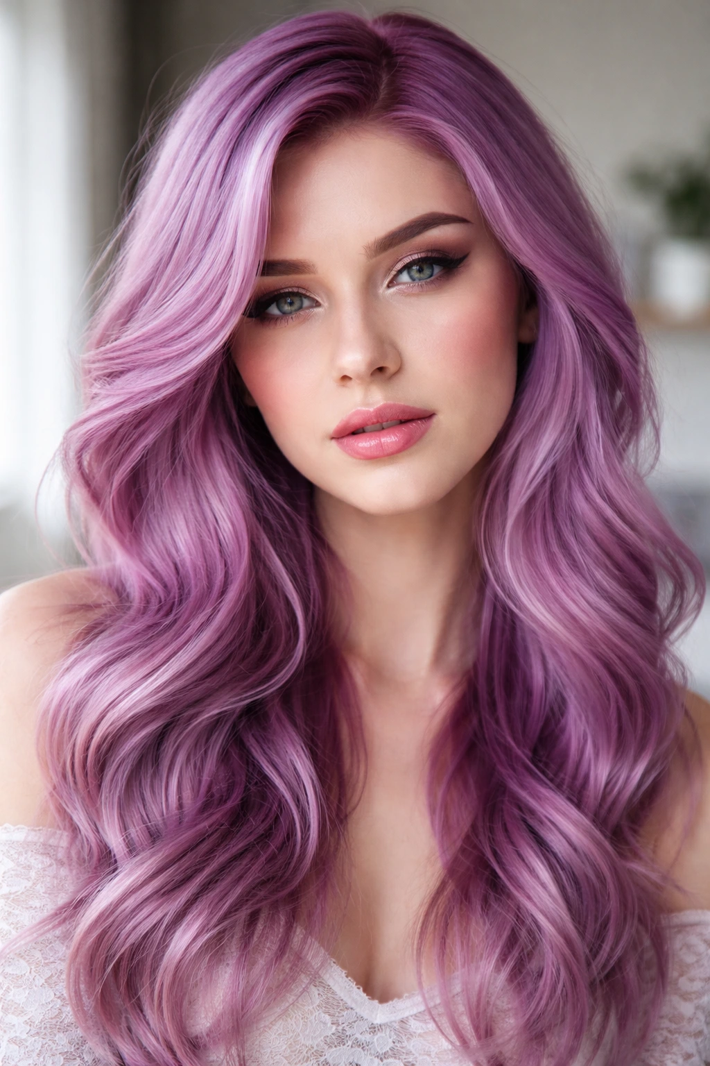 Close-up portrait of a real woman with Amethyst Rose hair, lavender-rose shade ideal for cool skin tones