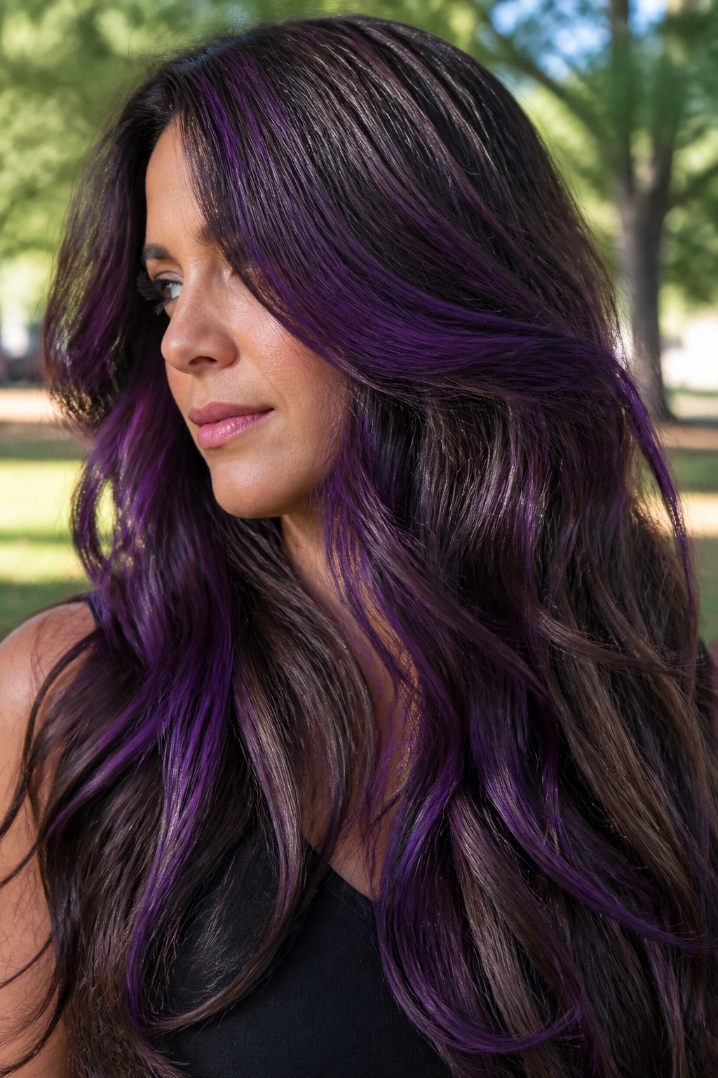 Portrait of a woman with amethyst streaks through long layered brown hair in natural light.