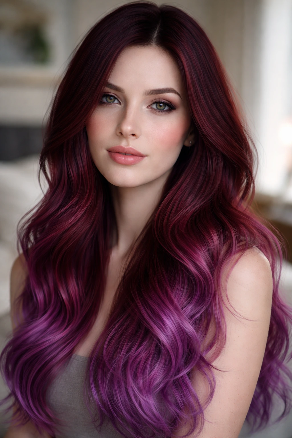 Close-up of Amethyst-Tipped Red hair on a real person with a dark red base and amethyst tips, natural window light