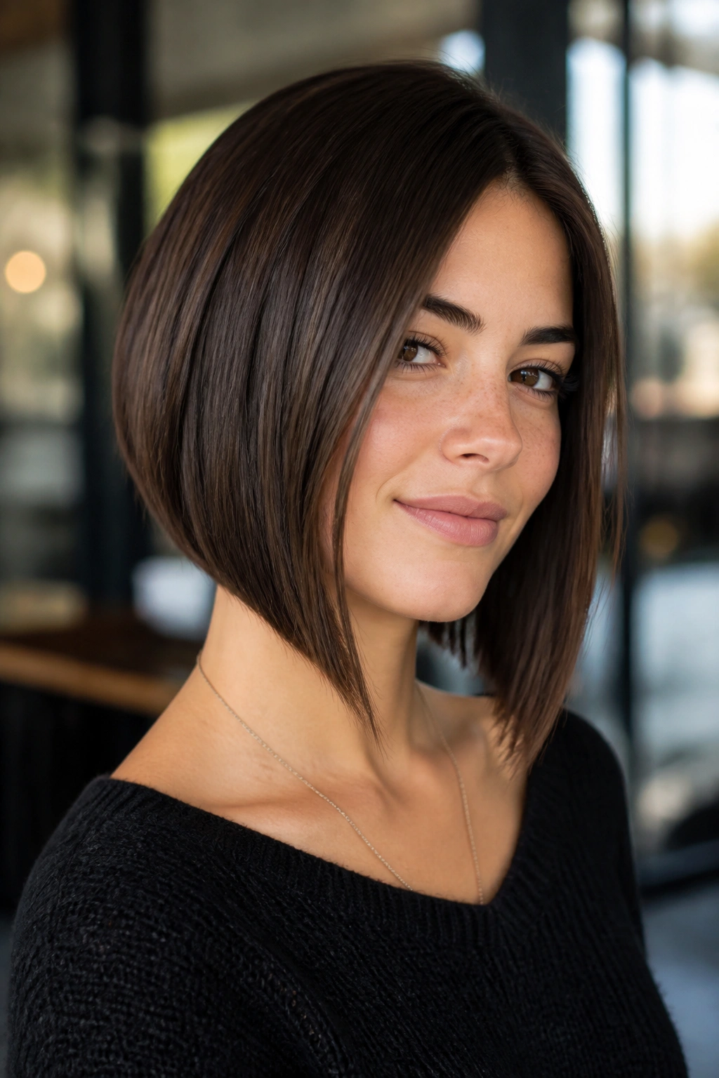 Close-up of a woman with an angled A-line bob highlighting the forward-tilted front.