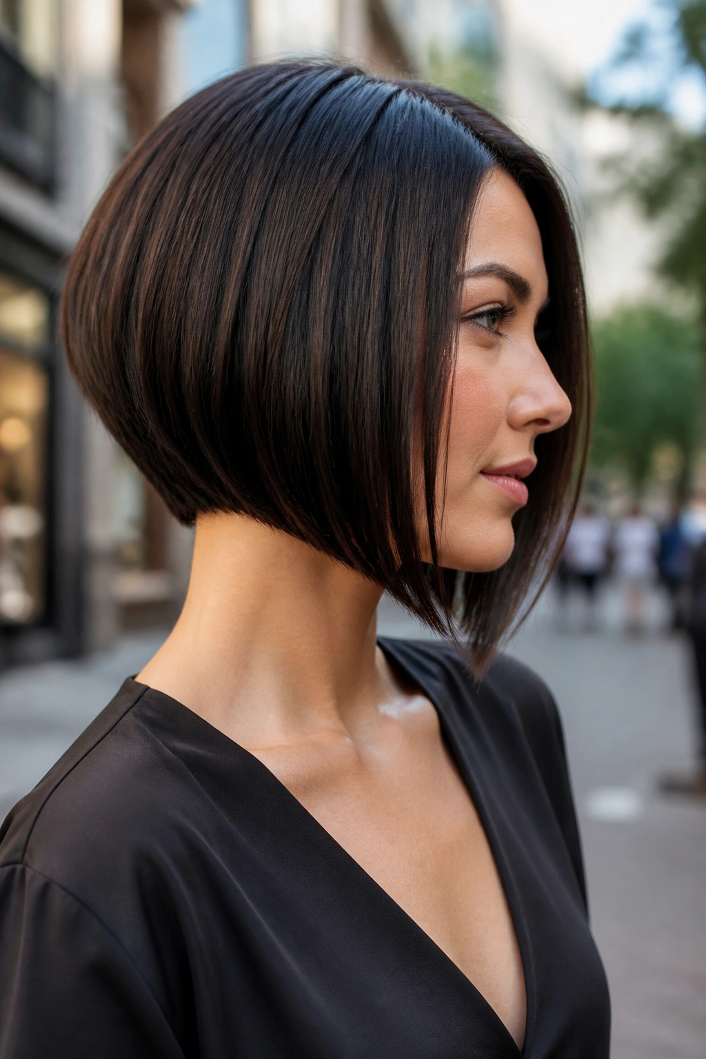 Profile portrait of a real woman with an angled A-line bob.