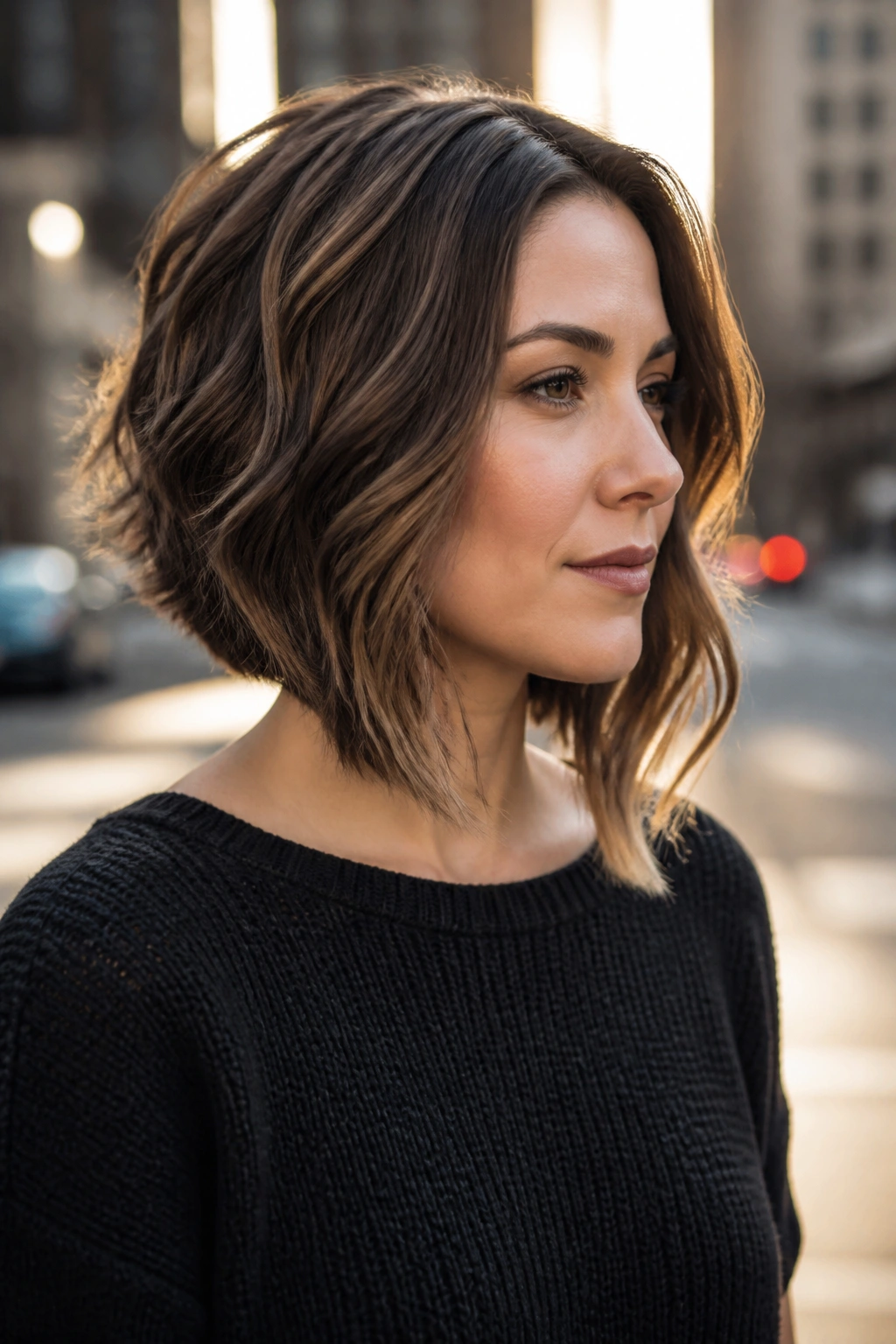 Portrait of a real woman with an angled A-line bob