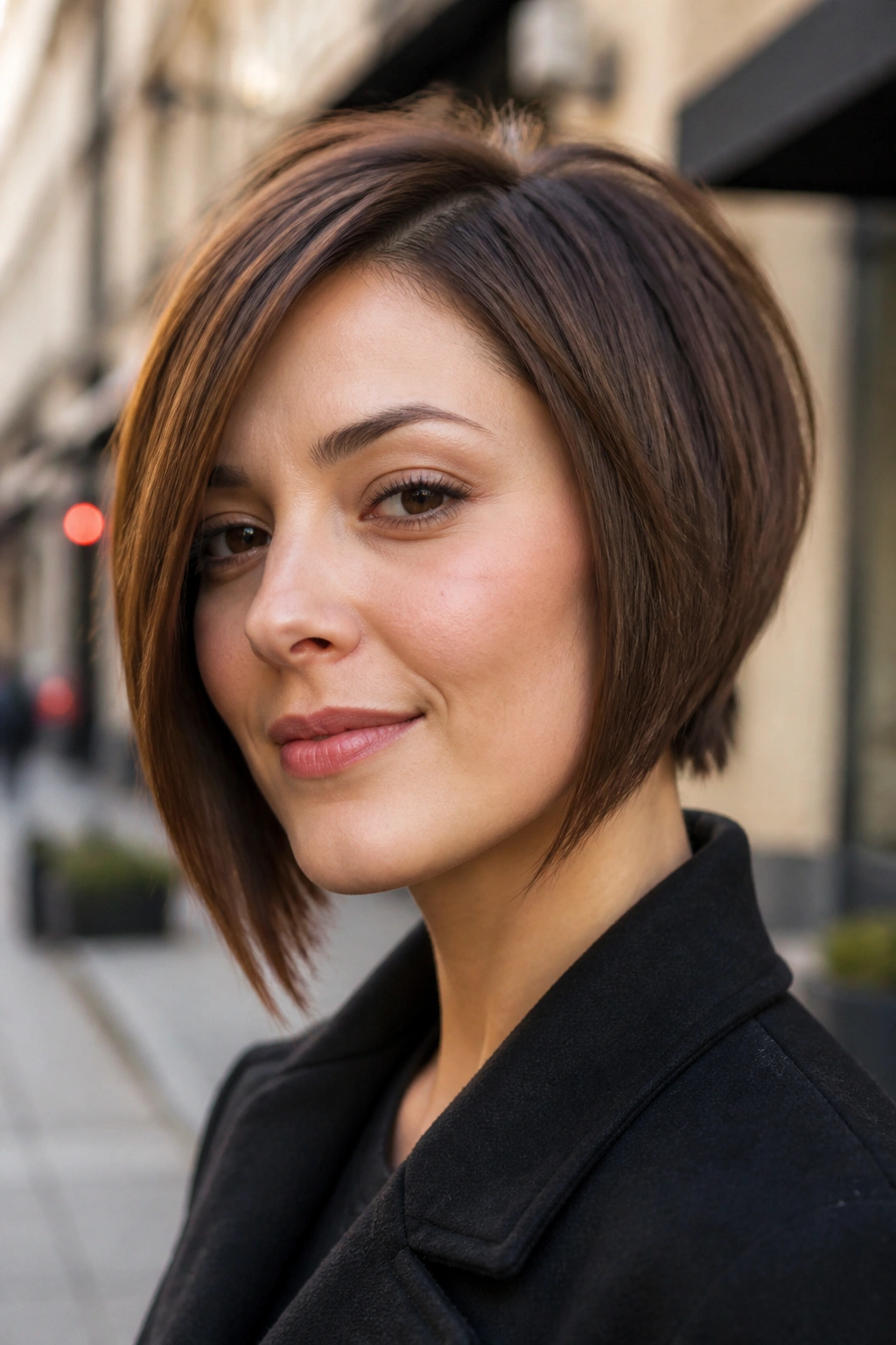 Portrait of a woman with angled A-line bob in outdoor urban light