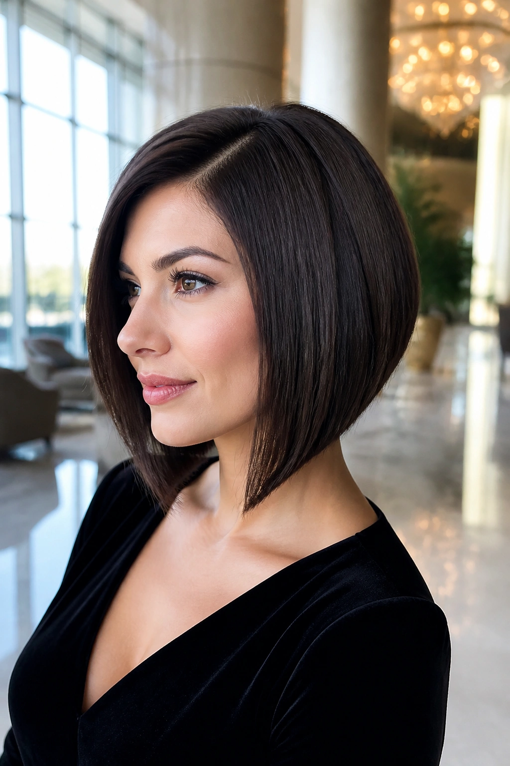 Portrait of a real woman with an Angled A-Line Bob