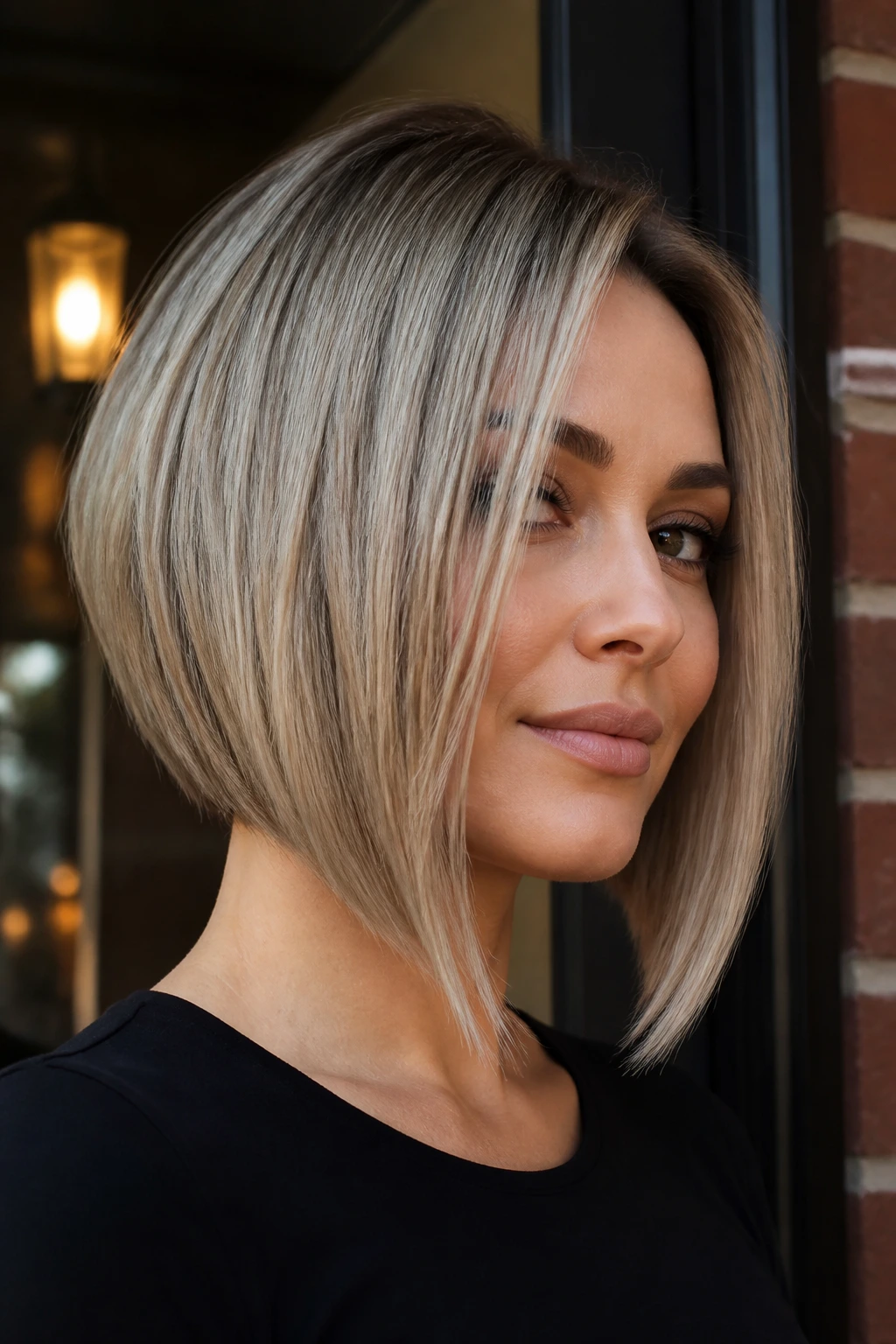 Close-up of a real woman with angled A-line bob and sharp front edge under dusk light