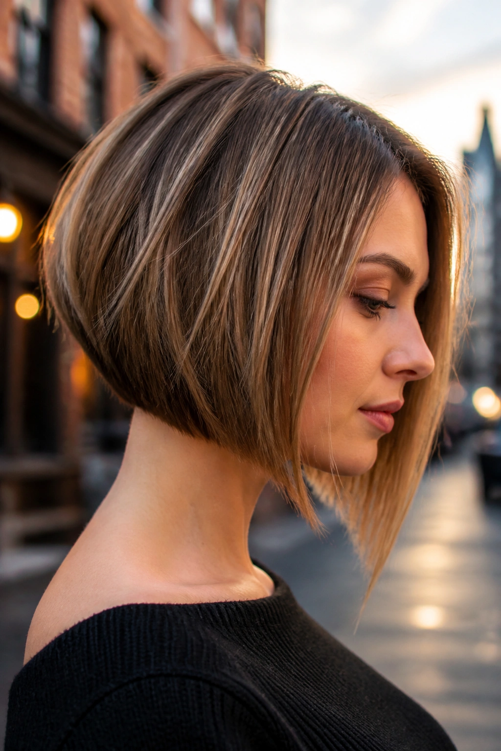 Portrait of a woman with an angled A-line bob showing a diagonal hem line
