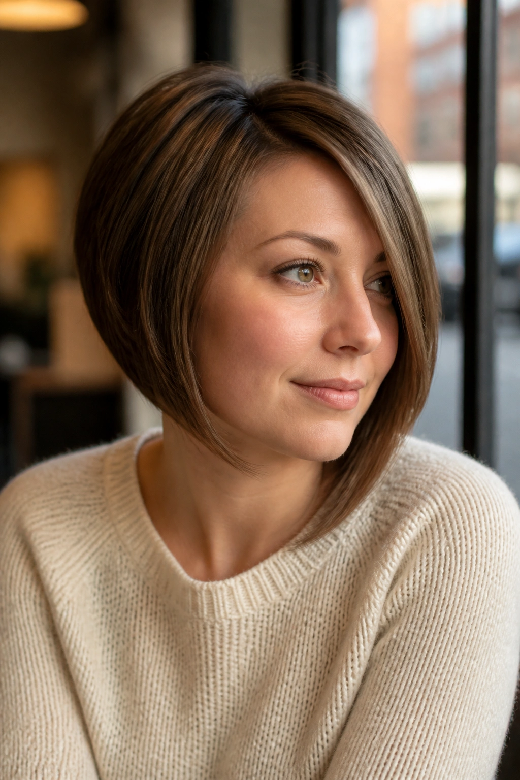 Close-up of a real woman with an angled A-line bob in warm cafe light.