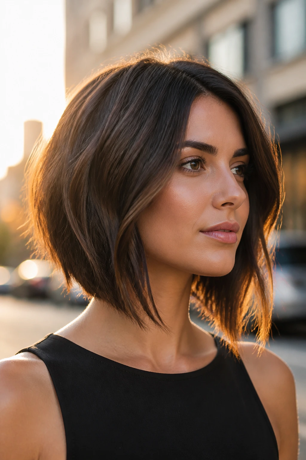 Portrait of a real person with an angled A-line bob showing longer front and shorter back