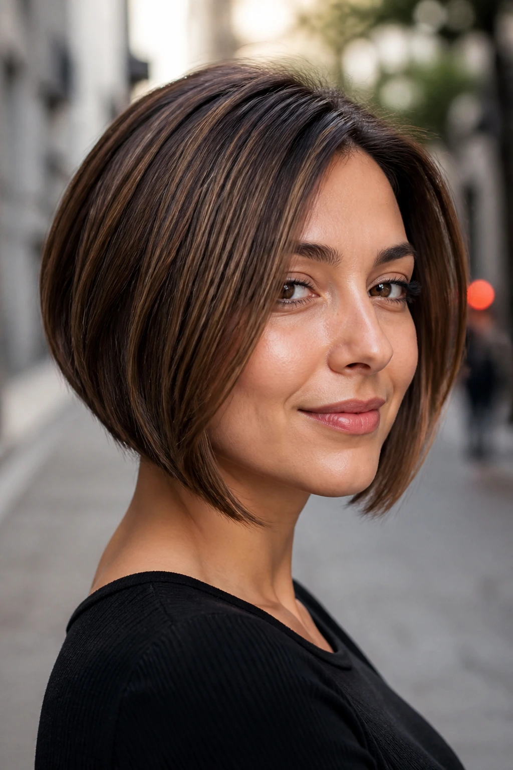 Close-up of a woman with an angled A-line bob in outdoor daylight