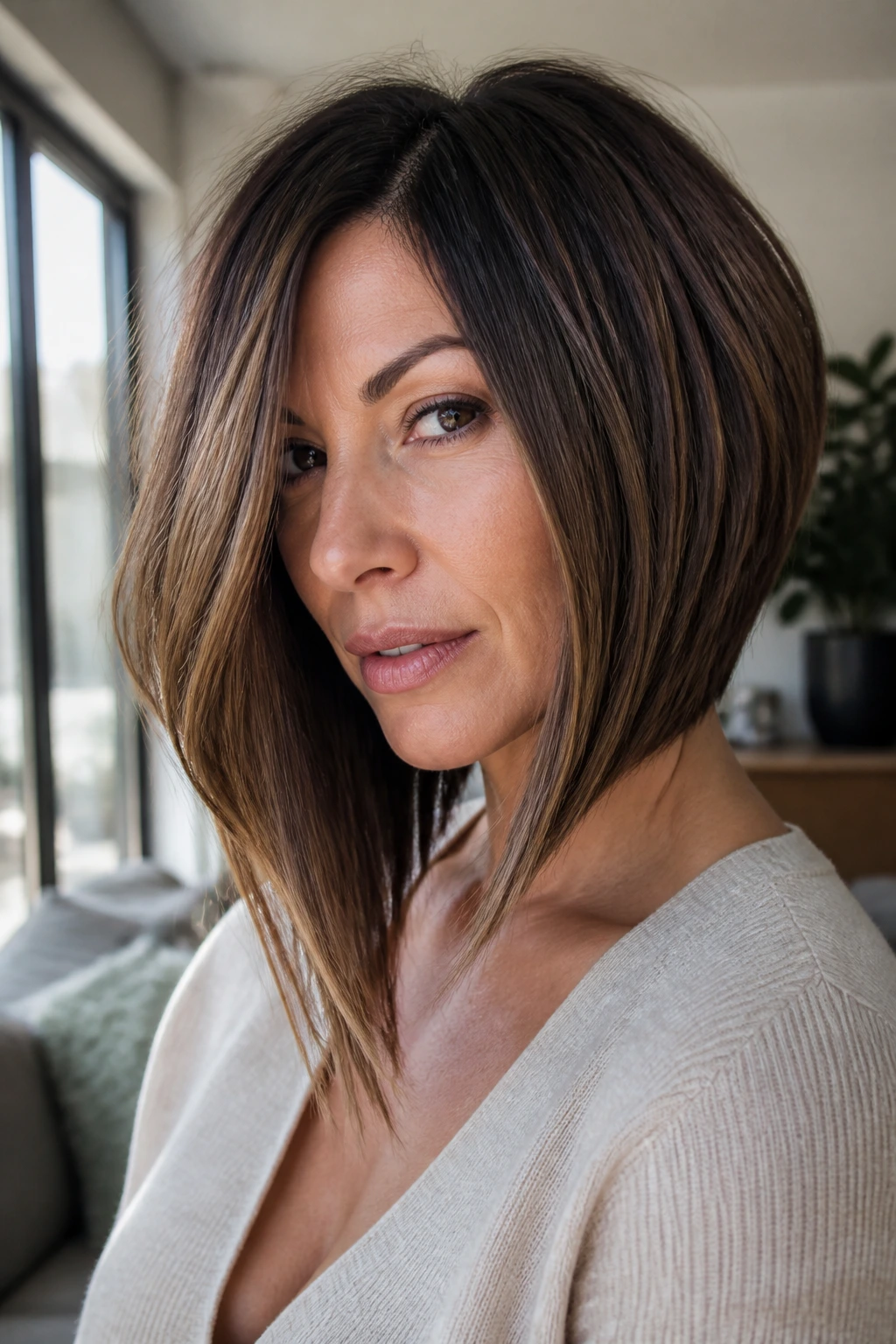 Real woman with angled A-line long-front lob
