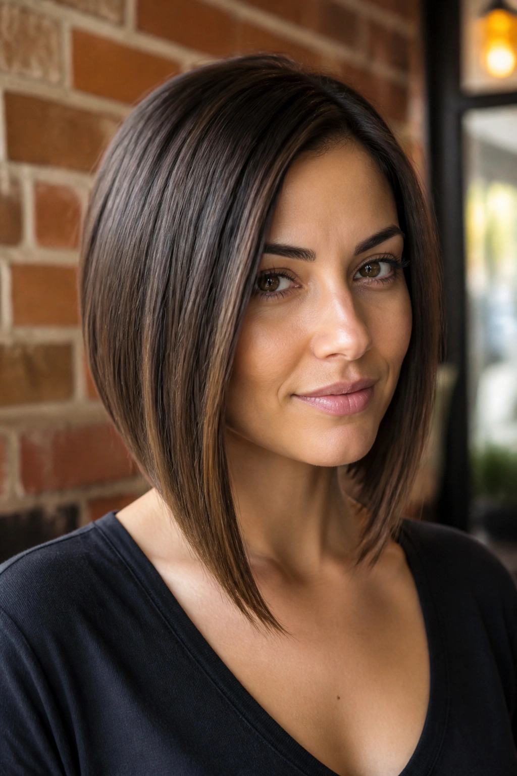 Portrait of a woman with angled A-line lob, back shorter than front