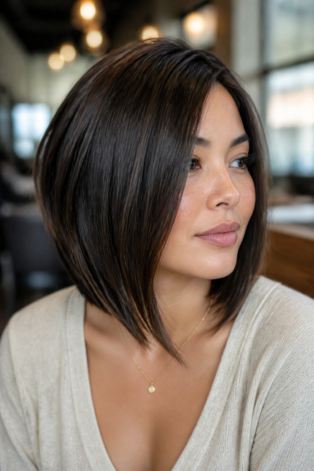 Close-up of a woman with an angled A-line lob, back shorter front longer, in a cafe interior