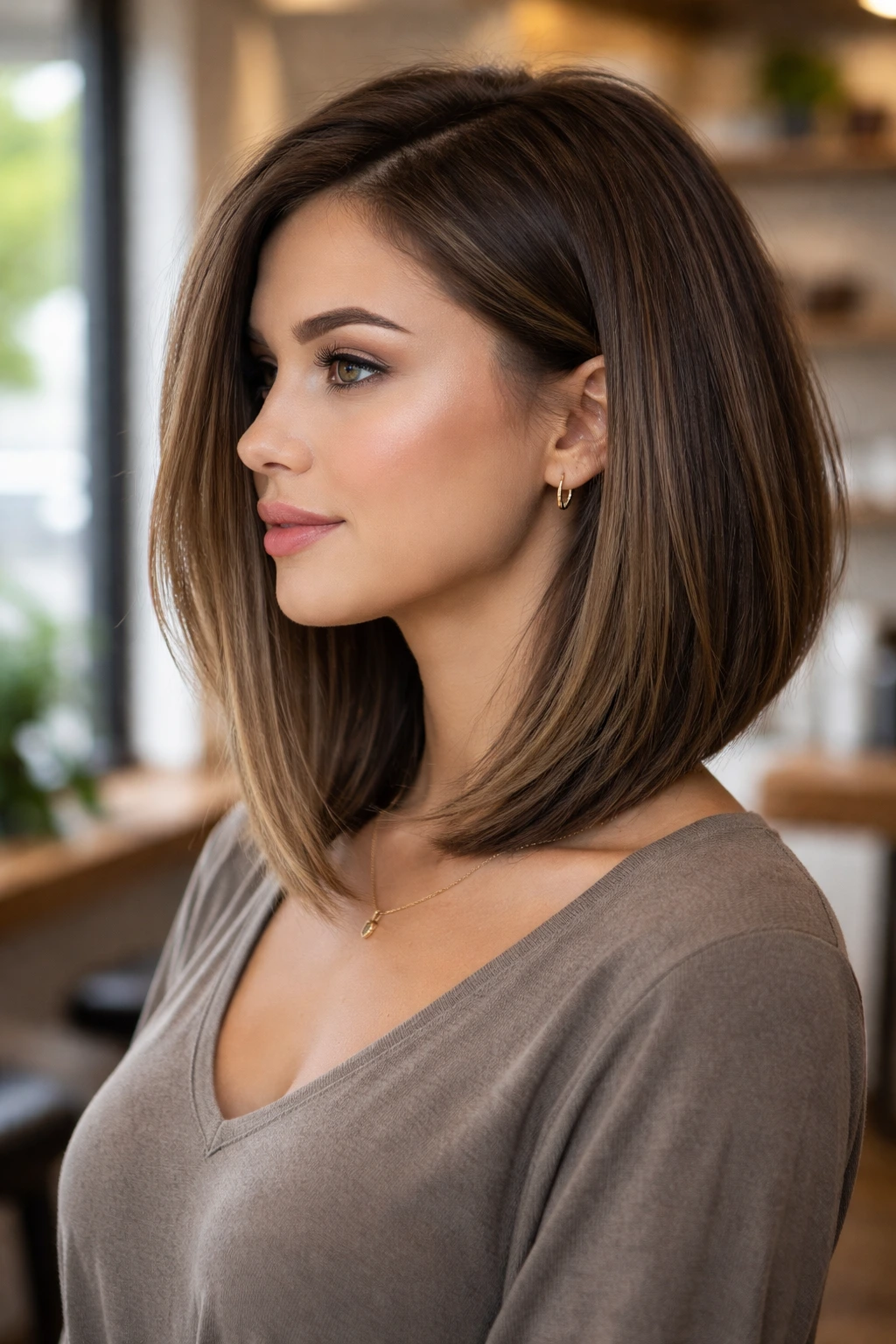 Portrait of a woman with an angled A-line lob showing the front longer than the back.
