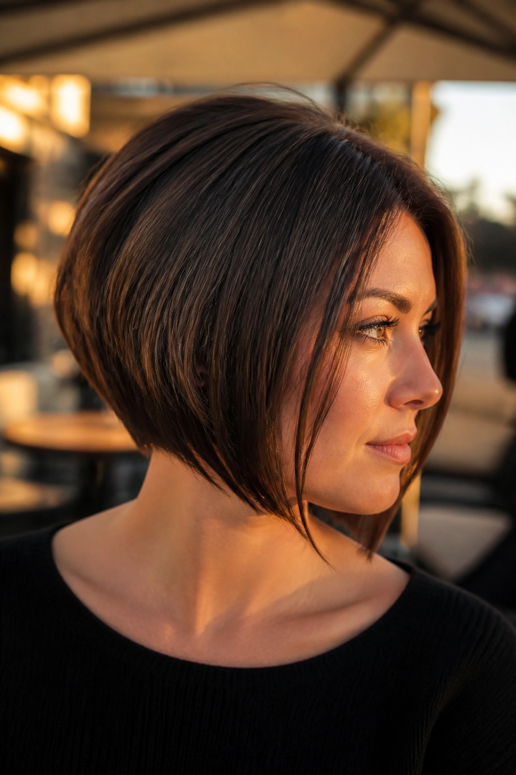 Portrait of a real woman with angled A-line stack skimming the jaw in an outdoor cafe setting